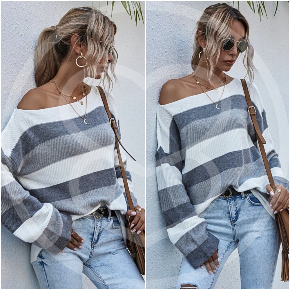 color block off shoulder knit sweater - Picture 2 of 3